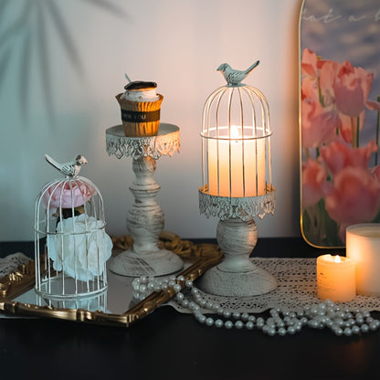 Birdcage Candle Holders Set of 2, Vintage Metal Candlestick Holders with Polished Finish — Wedding Table Centerpieces, Home Decor & Christmas Decoration | Black & White