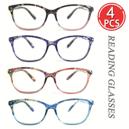 Reading Glasses 4-Pack for Women, Lightweight Oval Frame Anti-Glare Computer Readers with Metal Spring Hinge, Multiple Strengths & Colors, Comfortable Presbyopia Eyeglasses Gift Set for Elders