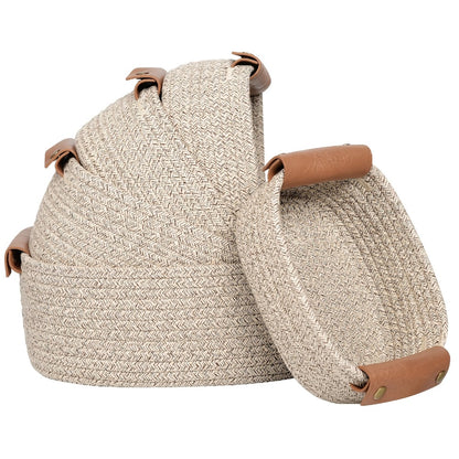 Cotton Rope Storage Basket Set of 5 Woven Baskets with Leather Handles for Shelves Bathroom Bedroom Living Room Office Organizer Bins Boho Home Decor Natural Brown White Black