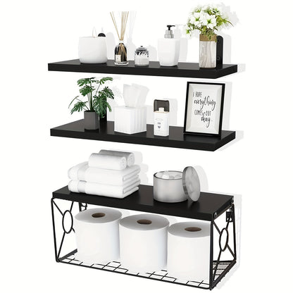 Floating Shelves Over Toilet 3-Piece Set | Farmhouse Bathroom Wall Mounted Storage Shelf for Toilet Paper, Towels & Decor – Black, Brown, Burlywood