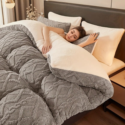 Winter Comforter Thick Warm Milk Velvet Duvet – Geometric Quilted Heavyweight Blanket for All Seasons, Twin Full Queen King – Silvery Grey & Blue