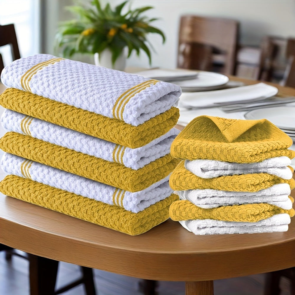 Cotton Kitchen Dish Towel Set 12pcs | 6 Hand Towels 15"x25" & 6 Wash Towels 12"x12" | Striped Weave Absorbent Durable Towels for Cooking Cleaning Drying