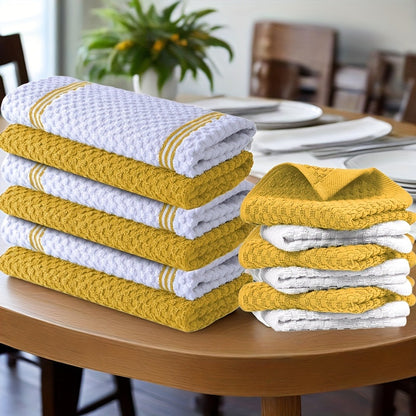Cotton Kitchen Dish Towel Set 12pcs | 6 Hand Towels 15"x25" & 6 Wash Towels 12"x12" | Striped Weave Absorbent Durable Towels for Cooking Cleaning Drying