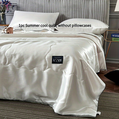 Cooling Satin Quilt Summer Comforter Ultra-Soft Breathable Lightweight Blanket, Machine Washable Satin Weave Bedspread for Home Dorm Hotel, Twin Full Size, White Silvery Grey Pink Lake Blue