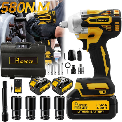 Cordless Brushless Impact Wrench Set 21V, 1/2'' High Torque Impact Gun with 4000mAh Rechargeable Battery, Fast Charger, Variable Speed Control, Complete Accessories for Car, Motorcycle & Home Repair