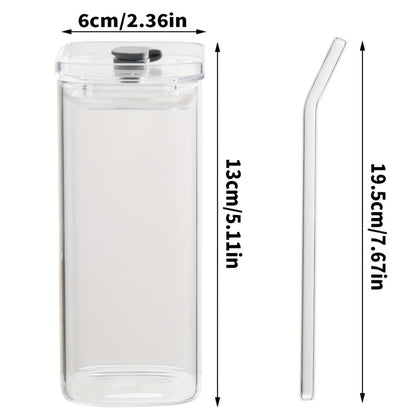 Square Glass Cups with Lids and Straws Set - 13oz BPA-Free Coffee Drinking Glasses for Home Office Outdoor
