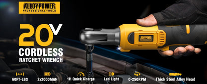 Cordless Ratchet Wrench Set 3/8 Inch 60FT-LBS 80Nm Electric Ratchet 2x20V Rechargeable Variable Speed LED Light 6 Sockets 1/4 Adapter 3 Inch Extension Rod Yellow