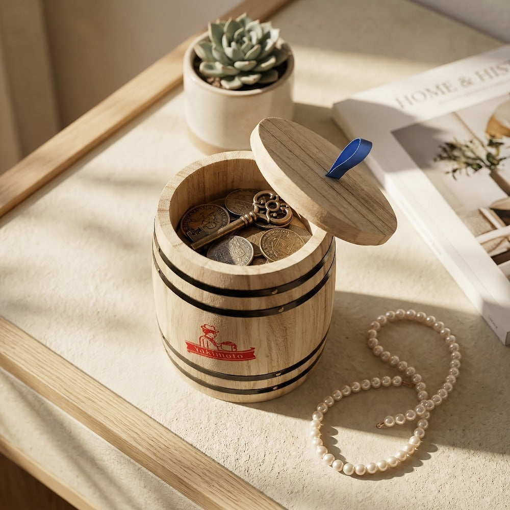 Wooden Barrel Storage Jar with Lid – Rustic Mini Desktop Organizer for Coffee Beans, Sugar, Candy, Keys, Coins & Jewelry | Vintage Handcrafted Trinket Box | Retro Home Office Decor Gift