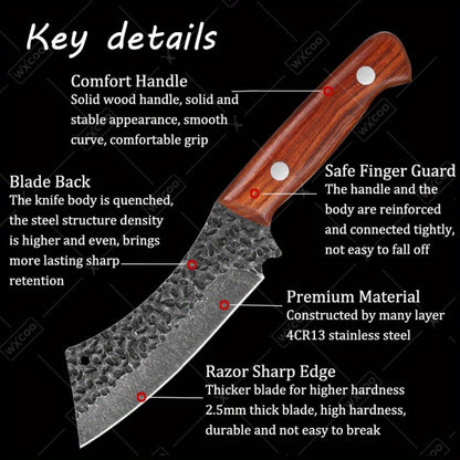 Chef Knife Set Stainless Steel, Professional Kitchen Knife Set with Boning Knife & Utility Knife, Viking BBQ Knife with Hammered Blade & Wood Handle, Multipurpose Cooking Knives for Meat Fish Vegetable
