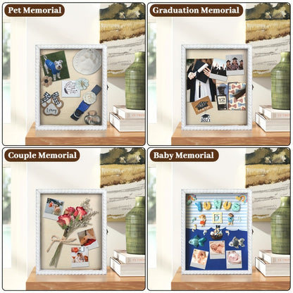 Shadow Box Frame with Linen Back – Large Rustic Memory Display Case 11x14 & 12x16 Inch for Photos, Medals, Coins, Pins, Flowers & Collectibles, 4 Removable Shelves, Black White Brown