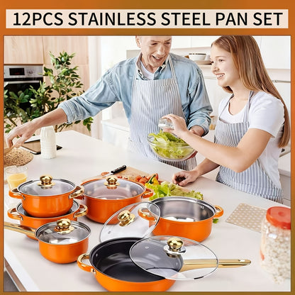 Stainless Steel Non-Stick Cookware Set 10/12pcs, 316 Grade Steel Frying Pan, Stockpot & Milk Pot with Lid, Multi-Functional Kitchen Cooking Set in Gold, Pink & Orange