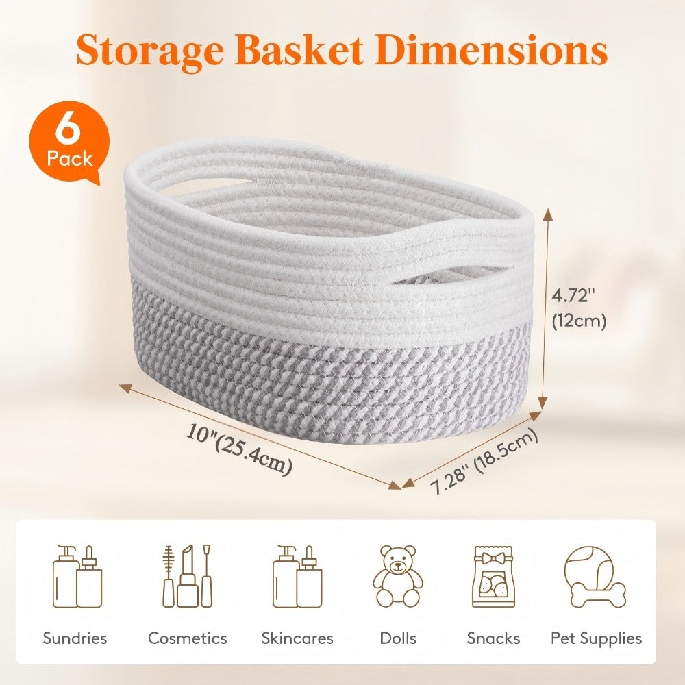 Woven Storage Baskets 6-Pack Cotton Rope Cube Bins 11x7x5" | Handmade Small Shelf Baskets for Organizing Closet Bedroom Living Room Playroom | Round Decorative Storage Caddy Multiple Colors