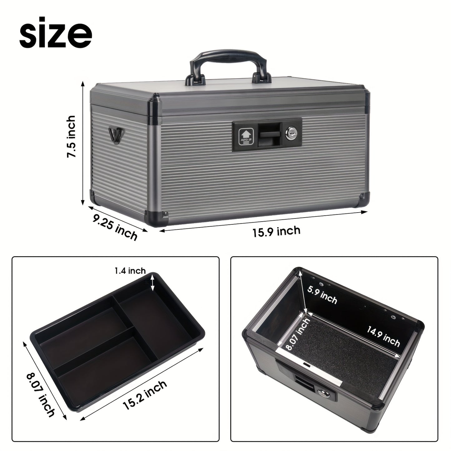Aluminum Alloy Lockable Medicine Box – Double Layer Large Capacity Storage Box with Key Lock, Handle & Tray for Medicines, Documents & Valuables, 10"/12"/14"/16" Home Security Box