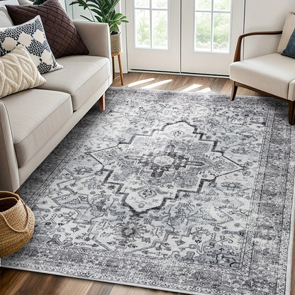 Bohemian Area Rug Ultra-Soft Non-Slip Washable Retro Foldable Carpet for Living Room Bedroom in Beige and Grey Multiple Sizes