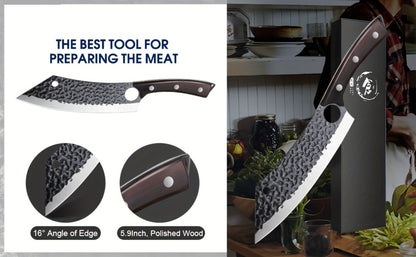 Butcher Knife 8 Inch Hand Forged High Carbon Steel Cleaver – Meat & Vegetable Chopping Knife with Finger Hole, Wooden Handle