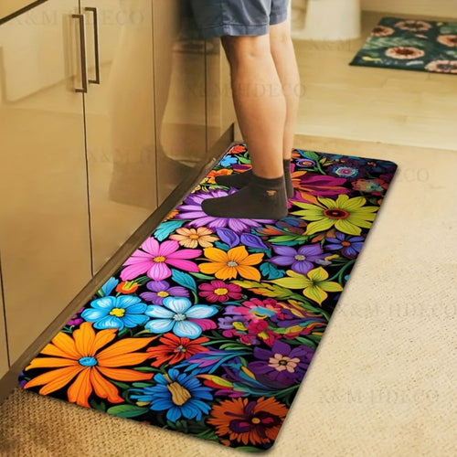 Kitchen Mat Floral Design – Soft Non-Slip Rectangular Rug, Machine Washable 100% Polyester Floor Mat for Kitchen, Bathroom, Laundry Room, Living Room & Bedroom