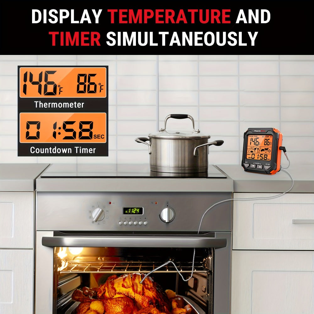 Digital Meat Thermometer with Probe Backlit Display Temp Alert for BBQ Smoker Oven Cooking - 6 Meat Presets 3 Doneness Levels Wide Range 14°F to 572°F Countdown Timer Kitchen Cooking Thermometer