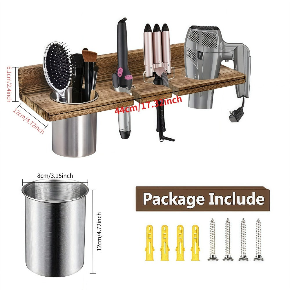 Wall Mounted Hair Tool Organizer – Wooden Hair Dryer Holder & Storage Rack for Curling Iron, Straightener & Brushes, Rustic Bathroom Salon Shelf (Brown & Black)