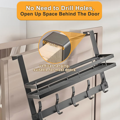 Over Door Hook Rack Metal | No Drill Behind Door Organizer with 5 6 8 Hooks for Clothes Bags Keys Towels – Space-Saving Wall Mount Storage for Bedroom Bathroom Entryway Closet