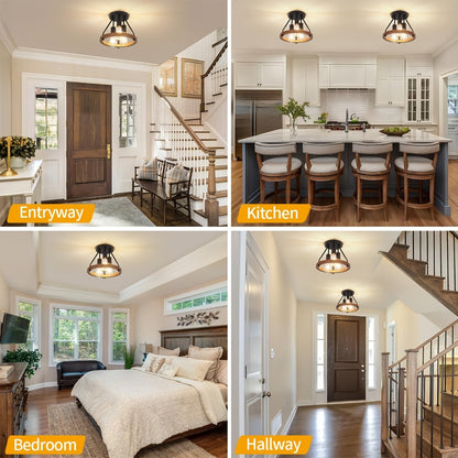 Farmhouse Semi Flush Ceiling Light 3-Bulb Wood & Metal - Rustic Industrial Ceiling Lamp for Kitchen Bedroom Dining Room Hallway Entryway Laundry Room (Bulb Not Included)