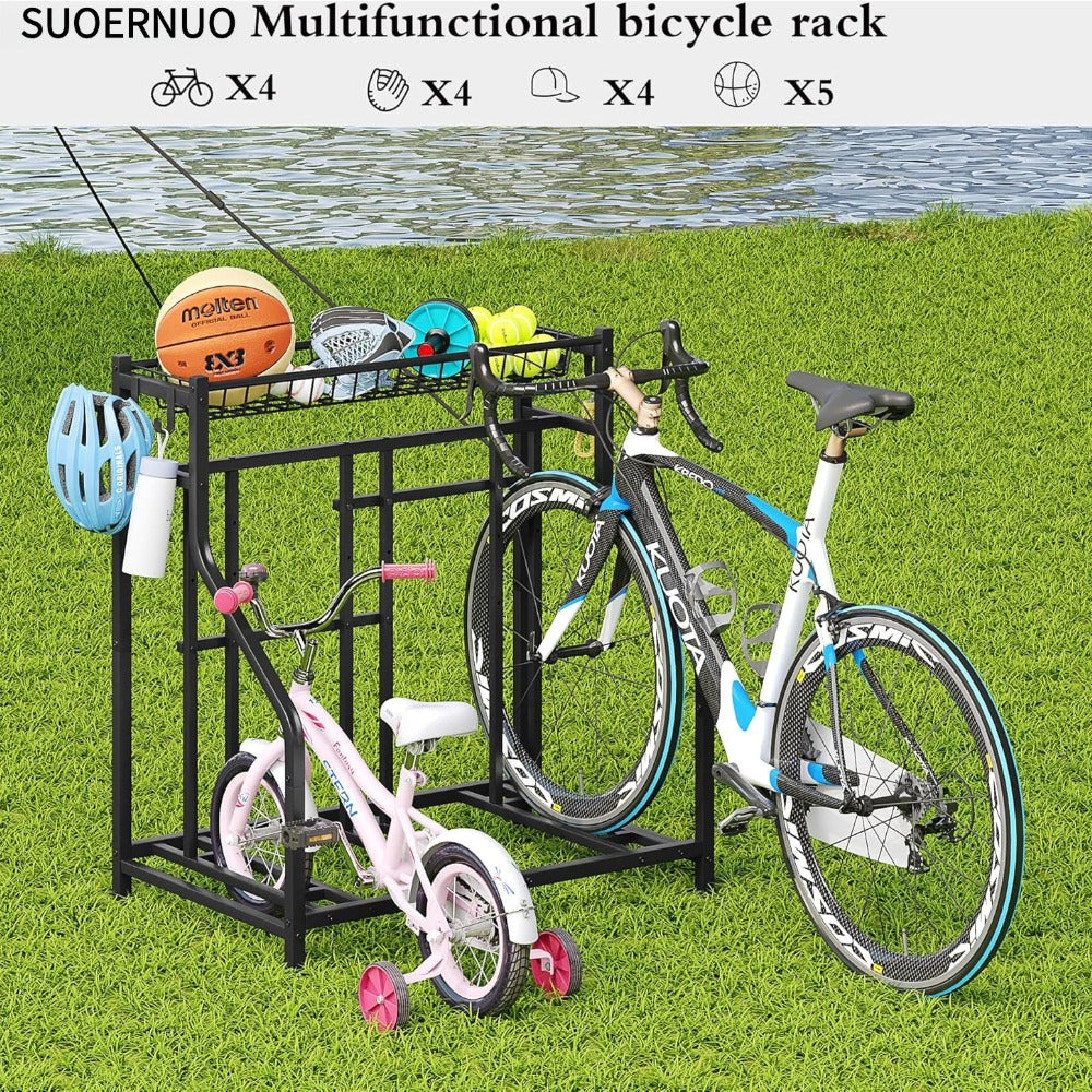 Freestanding Bike Storage Stand with Basket & Hooks – Adjustable Floor Rack for 3-4 Bikes, Indoor Outdoor Garage Organizer