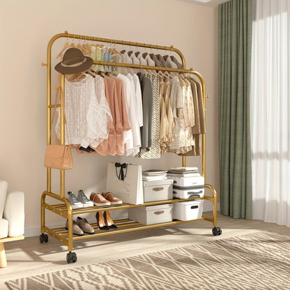 Double Rod Clothes Rack with Wheels Metal Heavy Duty Garment Rack with Shelves and Hooks Portable Closet Organizer for Bedroom Living Room Gold