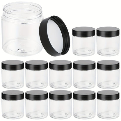 Clear Plastic Jars with Lids 4oz Set of 12 - Leakproof Food Storage Containers with Black Lids for Spice, Honey, Candy, Slime