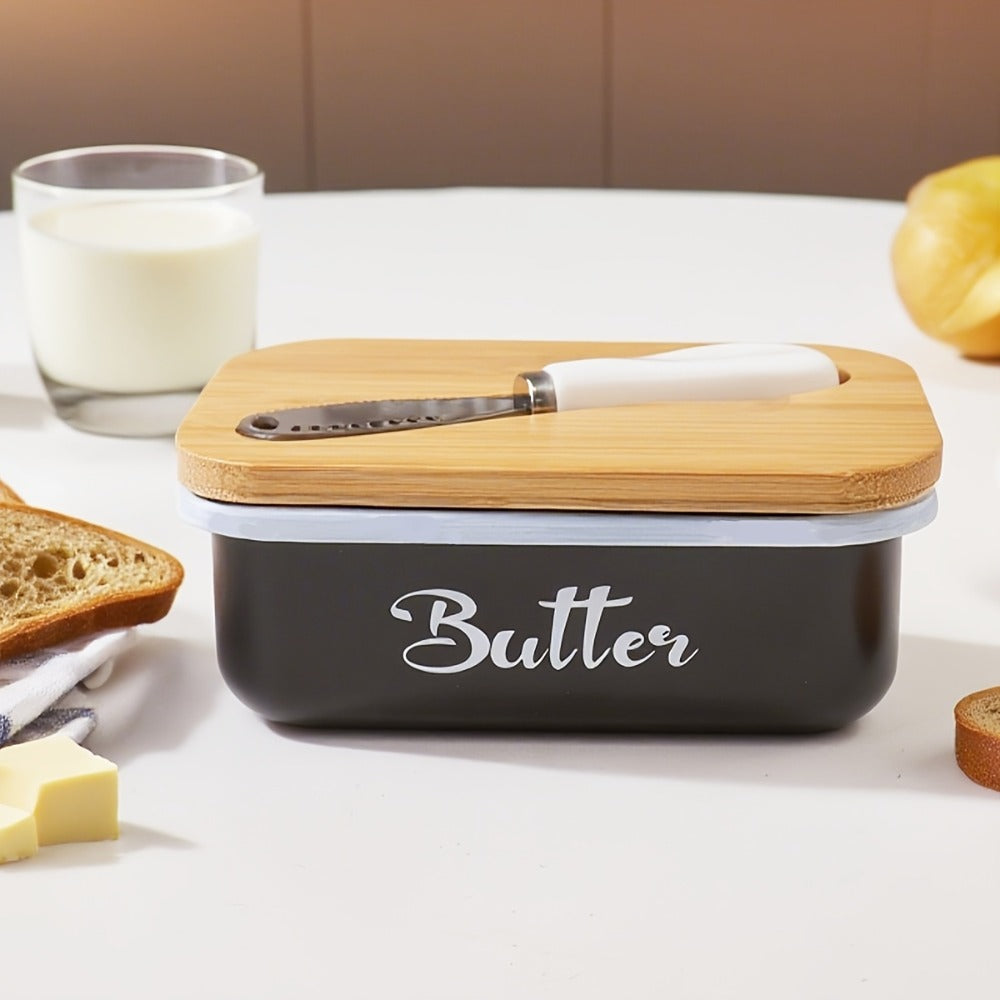 Butter Dish with Bamboo Lid & Knife, Iron Airtight Butter Keeper & Cheese Storage Box — Large Capacity Kitchen Counter Butter Container | Holiday Gift | Black, Gray, Green