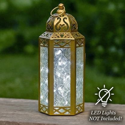 Moroccan Candle Lantern Holder - Decorative Metal & Glass Lantern with Embossed Floral Design for Indoor Home Decor, Garden, Patio, Weddings, Ramadan, Halloween & Holiday Celebrations - 10.5" Tall Medium Size