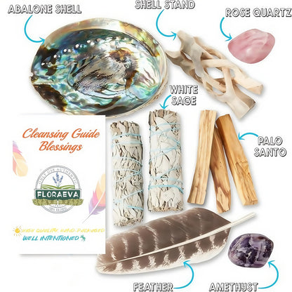 White Sage Cleansing Kit Smudge Set with Abalone Shell Holy Wood Incense Feathers Crystal Stone - Sage Sticks for Protection Positive Energy Home Office Decor Holiday Gift