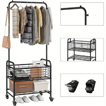 Rolling Laundry Basket with Wheels and Hanging Rack, Laundry Sorter Cart with Shelf and Locking Casters, Heavy Duty Steel Frame, Multifunctional Clothes Hamper for Laundry Room Bedroom Bathroom, White Black Silver