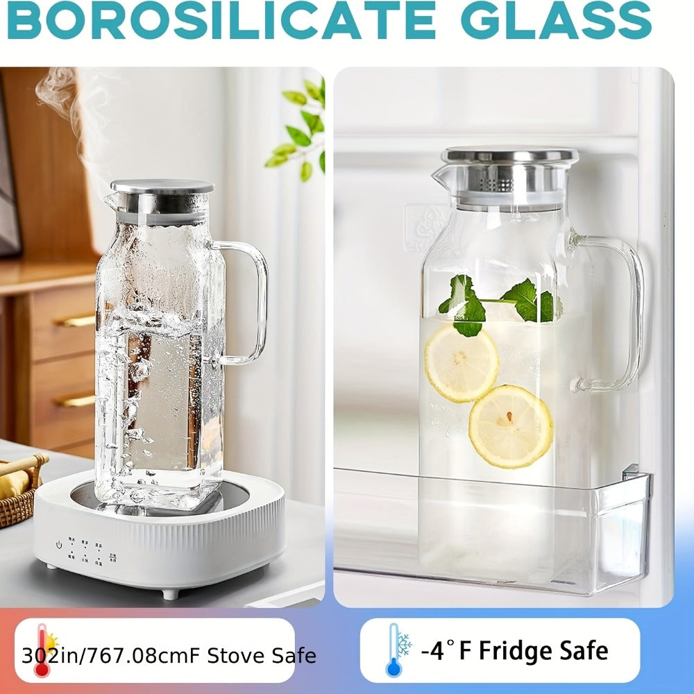 Glass Pitcher with Lid & Handle 2L 68oz – Square Borosilicate Water Jug, Heat Resistant Carafe for Fridge, Iced Tea, Coffee & Cold Drinks – 2 or 4 Pack with Optional 16oz Cups