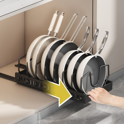 Pull Out Pot Lid Organizer Rack 2pcs Under Cabinet Pots and Pans Organizer, 8 Adjustable Dividers Slide Out Kitchen Cabinet Cookware Baking Sheet Holder, Drill-Free Easy Install