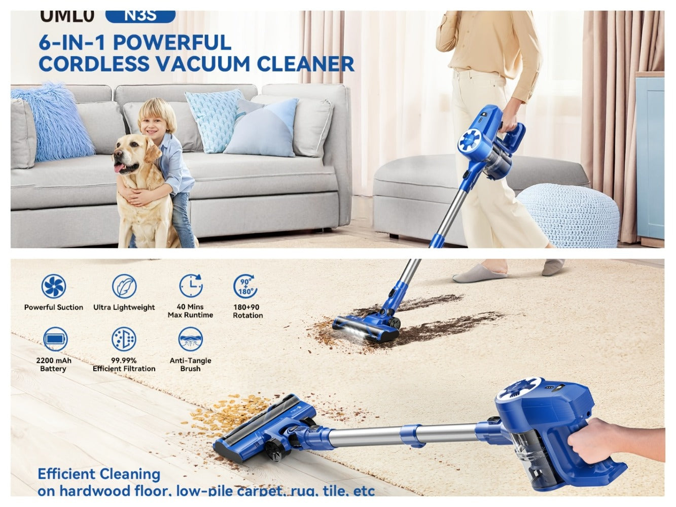 Cordless Vacuum Cleaner Stick Vacuum – MAX 70Kpa Suction, 45-Min Runtime, Anti-Tangle, 50.72oz Dust Cup, Rechargeable Wireless Vacuum for Hardwood Floor, Carpet & Pet Hair