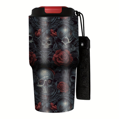 Insulated Tumbler 20oz Gothic Skull & Roses Stainless Steel Travel Mug with Carrying Strap, Coffee Cup Water Bottle for Camping Travel Halloween Gift