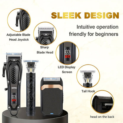 Electric Hair Clipper Set with LCD Screen - USB Rechargeable Hair Trimmer Kit with T-Blade, Guide Combs, Nose Hair Trimmer, Professional Grooming Kit for Men & Women, Home & Barber Shop Use