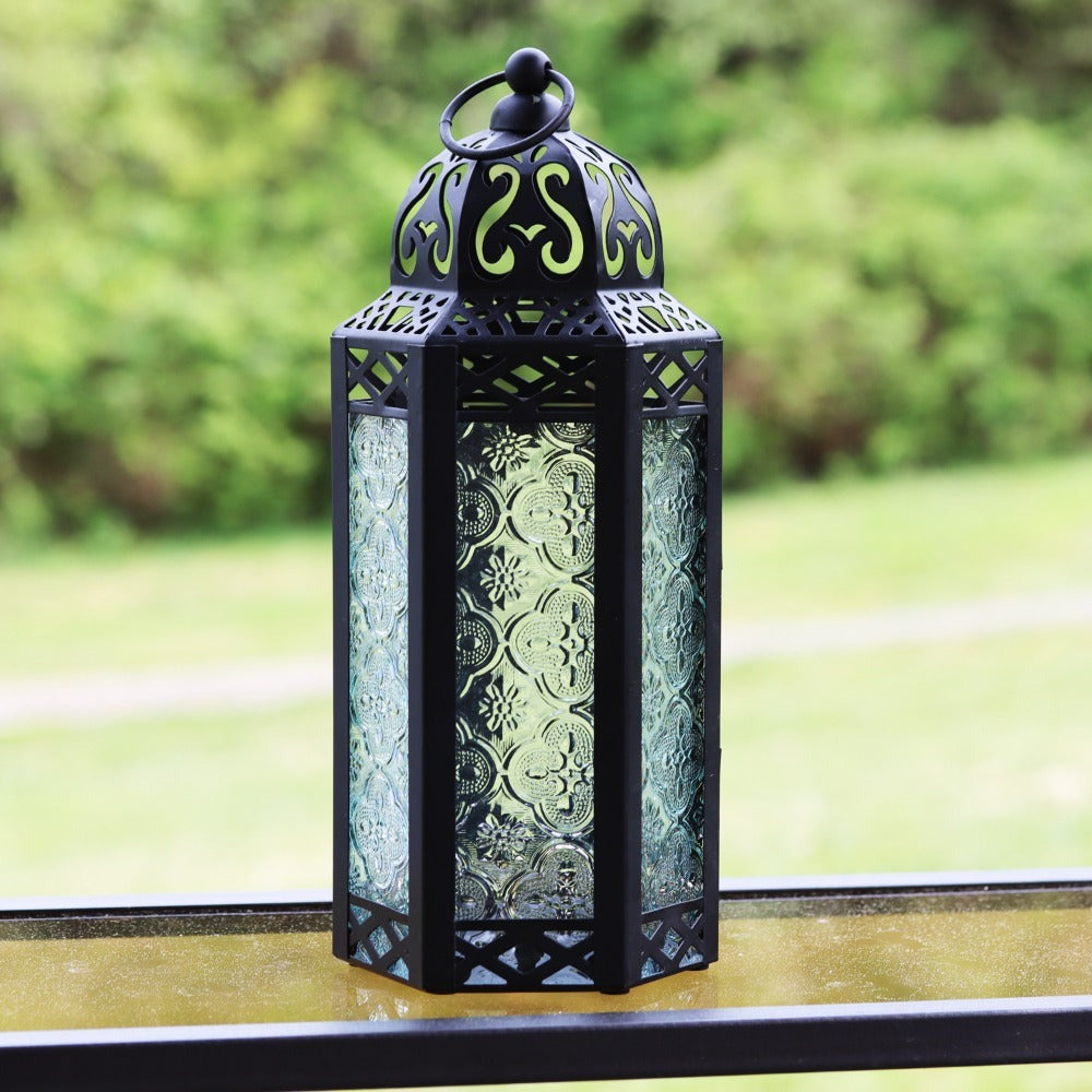 Moroccan Candle Lantern Holder - Decorative Metal & Glass Lantern with Embossed Floral Design for Indoor Home Decor, Garden, Patio, Weddings, Ramadan, Halloween & Holiday Celebrations - 10.5" Tall Medium Size