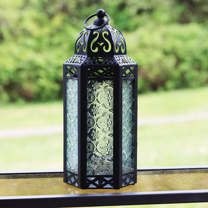 Moroccan Candle Lantern Holder - Decorative Metal & Glass Lantern with Embossed Floral Design for Indoor Home Decor, Garden, Patio, Weddings, Ramadan, Halloween & Holiday Celebrations - 10.5" Tall Medium Size