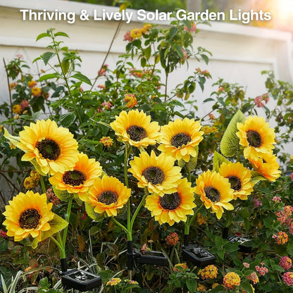 Solar Sunflower Garden Stake Lights 4 Pack | 12 Lifelike LED Flowers IP44 Waterproof Auto On Off | Floral Path Lighting for Patio Yard Porch with 8 Clip-On Butterfly Accessories