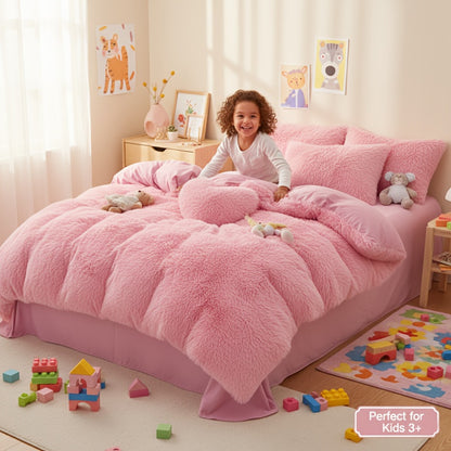 Faux Fur Duvet Cover Set Twin Queen King Super Soft Plush Comforter Cover with Pillowcases Heart Pillow for Kids Teens Machine Washable Bedroom Decor