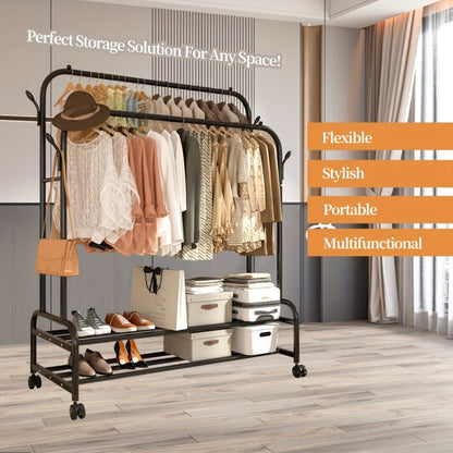 Double Rod Clothes Rack with Wheels Metal Heavy Duty Garment Rack with Shelves and Hooks Portable Closet Organizer for Bedroom Living Room Gold