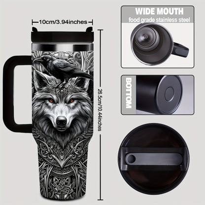 40oz Viking Tumbler with Handle - Wolf Raven Norse Mythology Celtic Knot Stainless Steel Insulated Travel Mug, Viking Gift for Men Women, Coffee Mug for Viking Lovers, Norse Mythology Gift