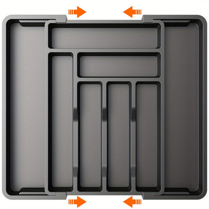 Expandable Cutlery Tray Drawer Organizer Adjustable Silverware Holder with Labels | Kitchen Drawer Organizer for Knives Forks Spoons Utensils | Bamboo & Black Drawer Divider for Kitchen Bedroom Office