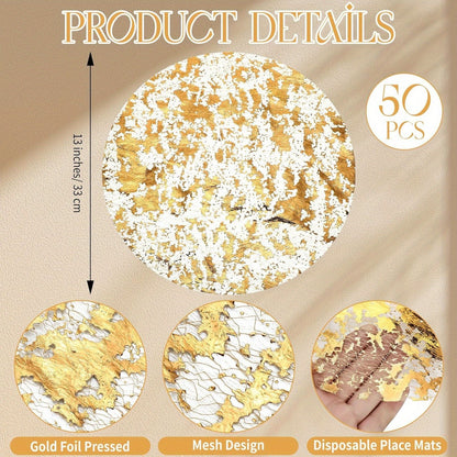 Golden Foil Round Placemats Disposable Table Doilies 50/100pcs – Elegant Mesh Table Pad for Dining, Party & Home Decor