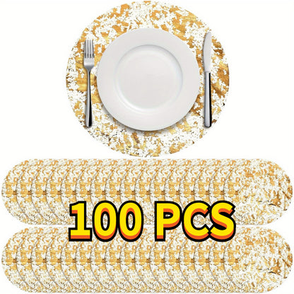 Golden Foil Round Placemats Disposable Table Doilies 50/100pcs – Elegant Mesh Table Pad for Dining, Party & Home Decor