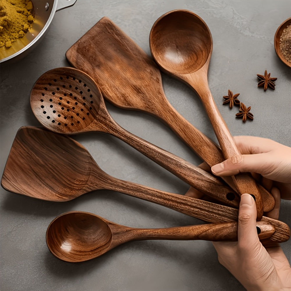 Wooden Kitchen Utensils Set – Natural Wood Spoon Spatula & Wok Spatula with Ergonomic Handle, Heat-Resistant Non-Stick Safe Cooking Tools, Easy to Clean Durable Kitchen Essentials (5 / 6 / 10 Piece Sets)