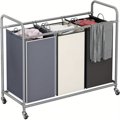 3-Bag Laundry Sorter Cart 63.4 Gallon – Rolling Hamper with Lockable Wheels & Removable Bags, Heavy-Duty Fabric Laundry Basket for Bedroom & Laundry Room, Black Gray Beige Brown