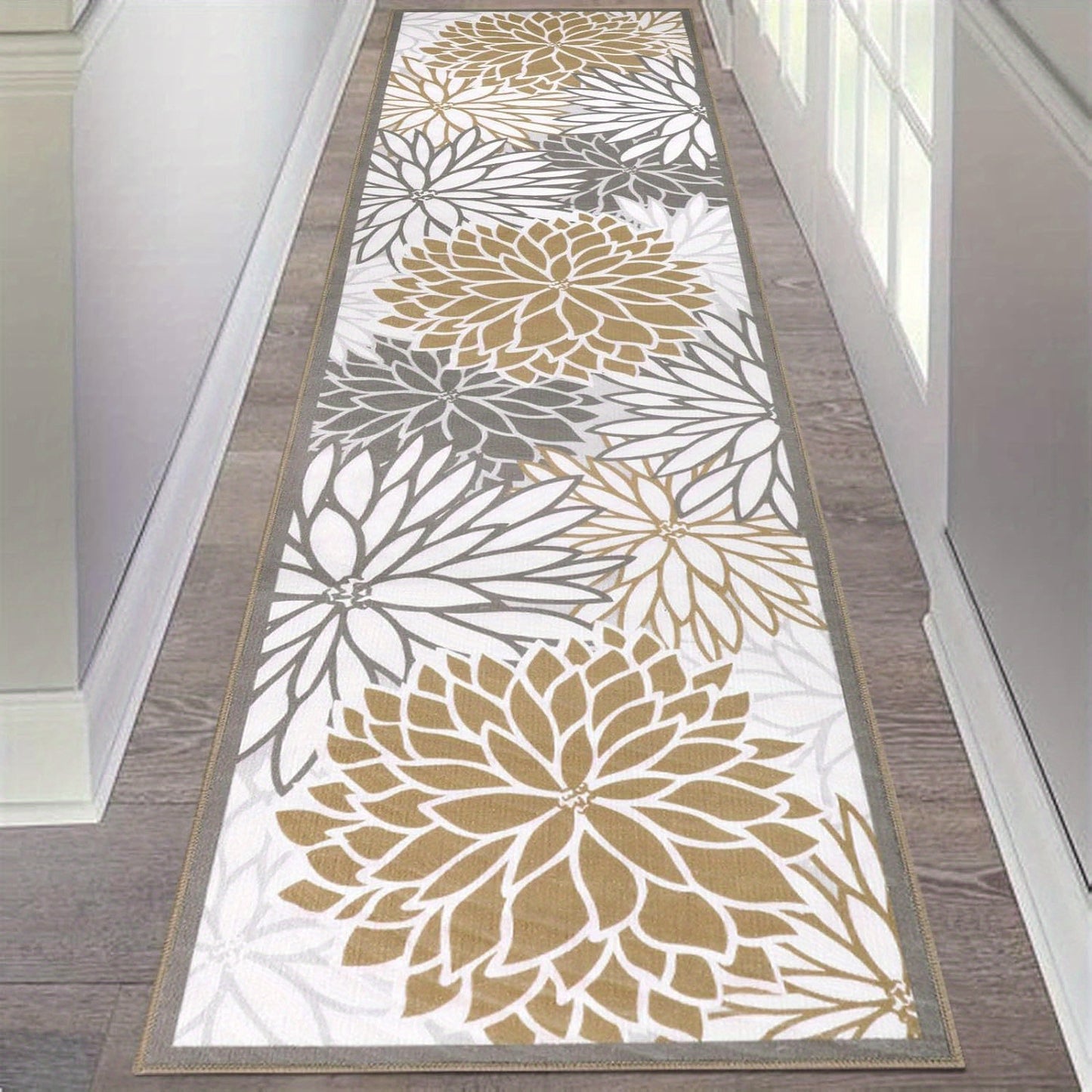 Floral Medallion Runner Rug Non-Slip Machine Washable – Low-Profile Hallway Carpet for Entryway, Laundry Room & Bathroom – Brown & Grey, 2x6, 2x8, 2x10 Ft