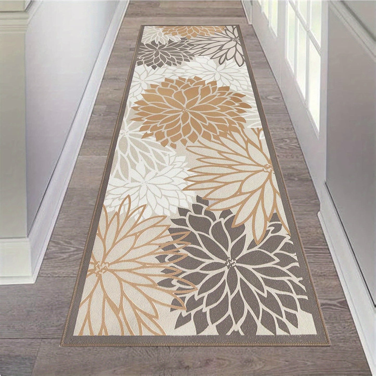 Floral Medallion Runner Rug Non-Slip Machine Washable – Low-Profile Hallway Carpet for Entryway, Laundry Room & Bathroom – Brown & Grey, 2x6, 2x8, 2x10 Ft