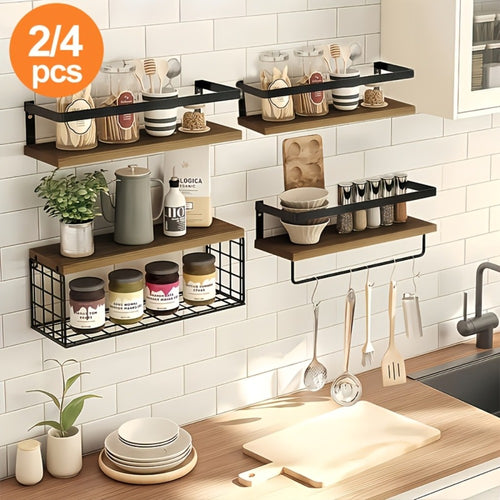 Floating Wall Shelves Set of 2 or 4 Rustic Wood and Iron Wall Mounted Shelf for Living Room Bedroom Kitchen Bathroom, Farmhouse Industrial Hanging Display Shelf for Plants Books Candles Decor